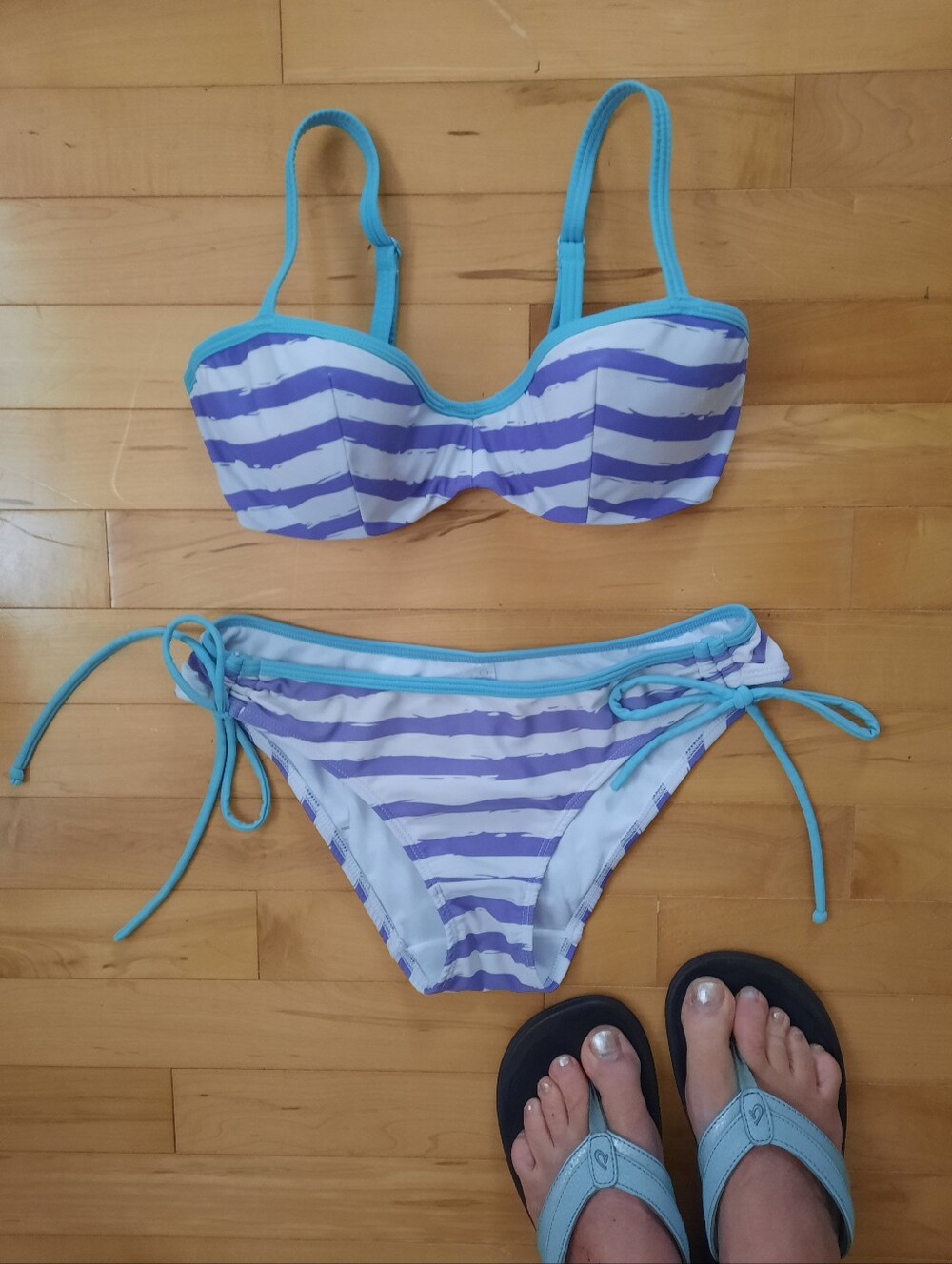 CHIC 2pc Striped Bikini, Periwinkle Mauve/White, Turquoise Blue Trim & Straps